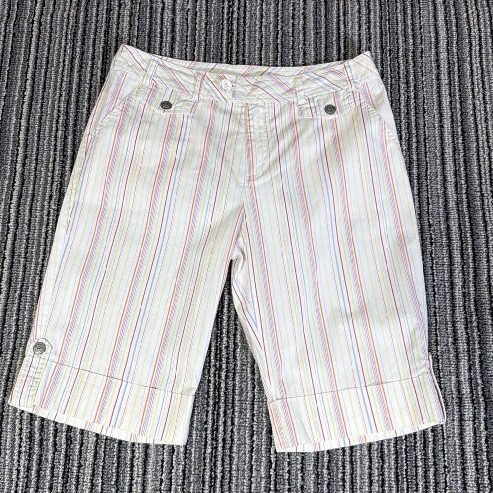 LULU-B Womens Stripe Bermuda Shorts 12” Snap Pocket Cuffed Size 8 Stretch